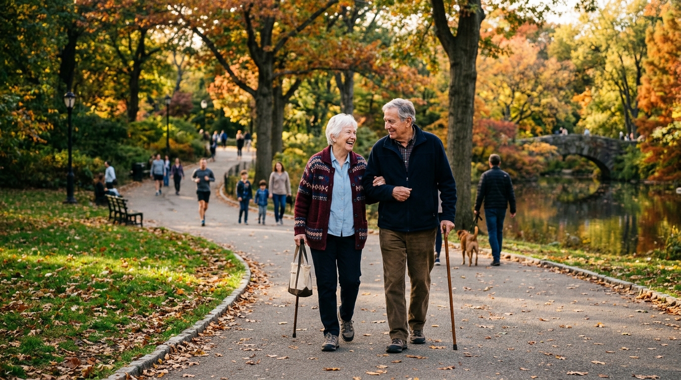 Idős pár kényelmes tempójú séta közben egy parkban