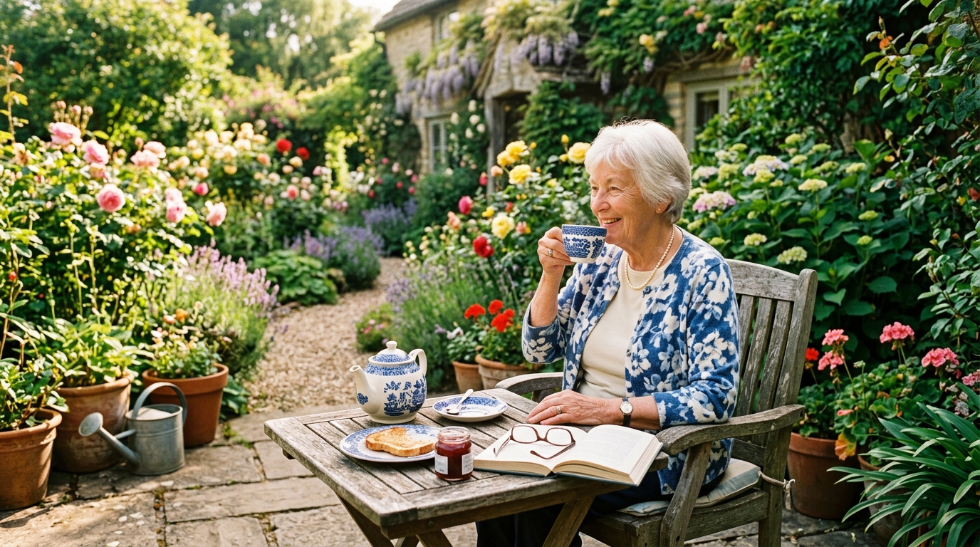 Napfényes kert, idős nő reggeli teával
